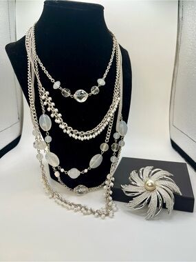 Silver-Tone Multi-Strand Necklace with White Beads and Crystal Accents